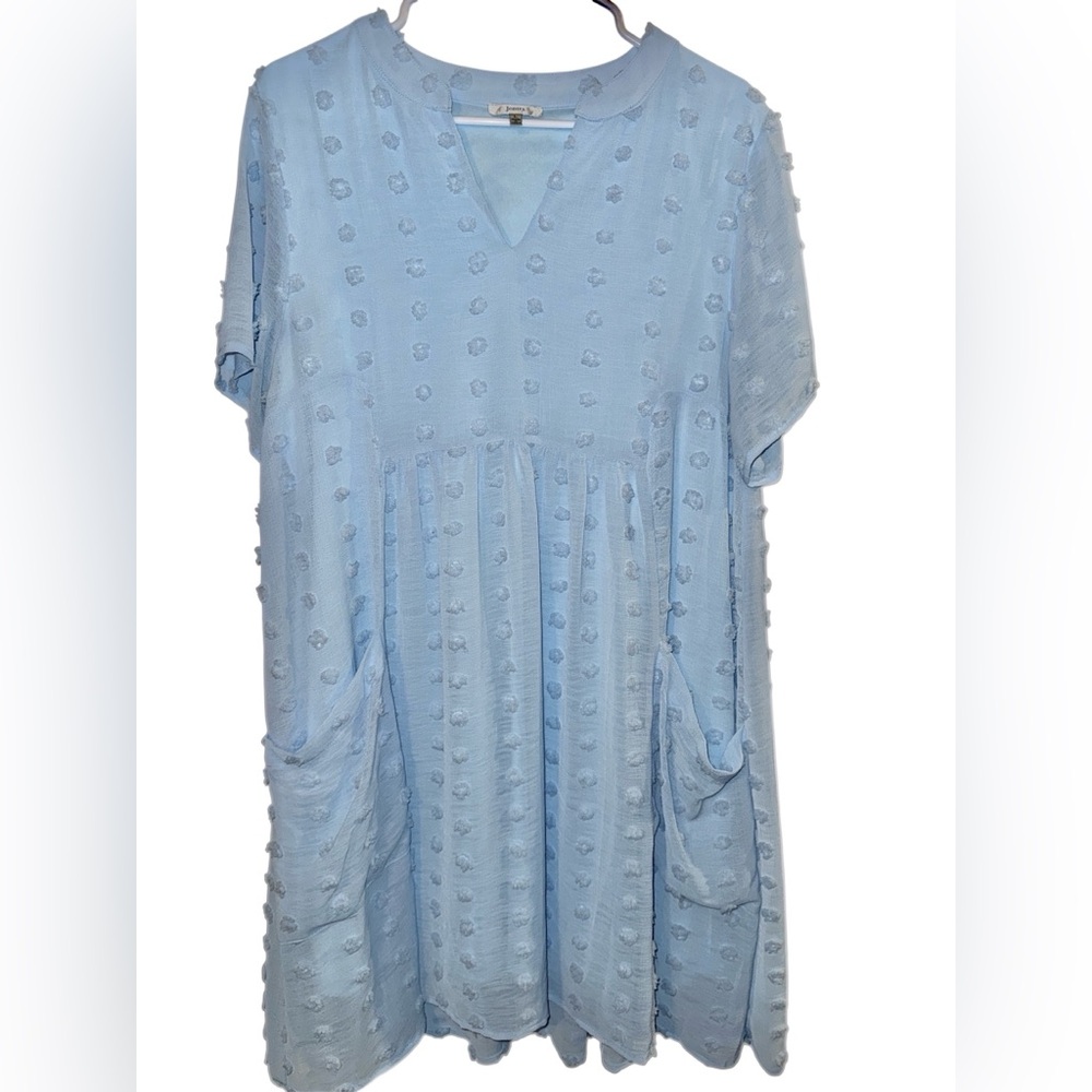 JODIFL Baby Blue Lined Swing Dot Dress With Pockets, Size Large